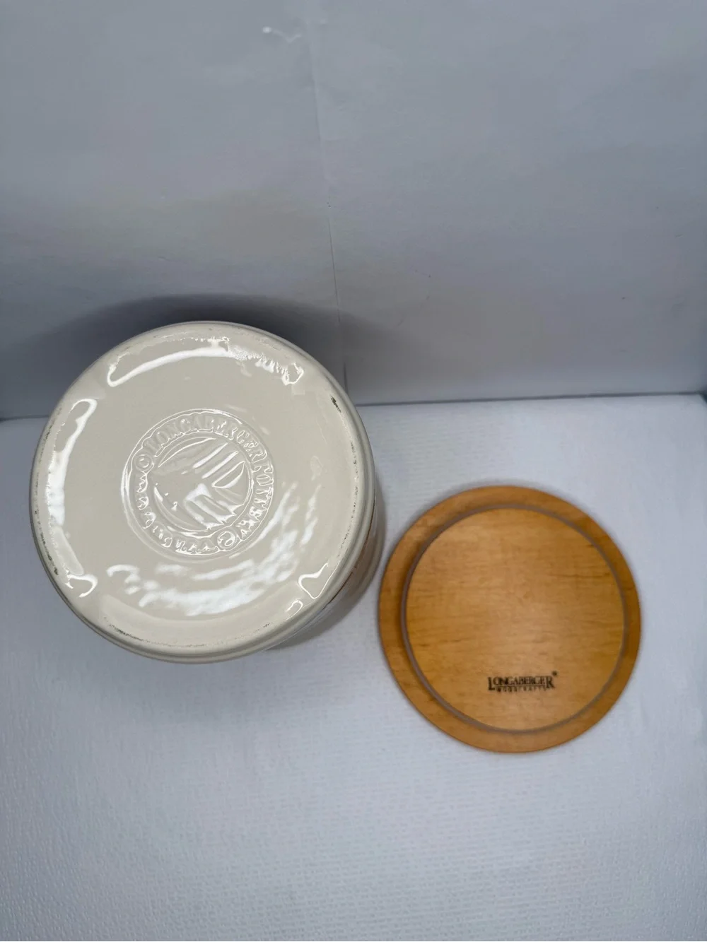 Longaberger Homestead Ceramic Crock with Wood Lid - Cream